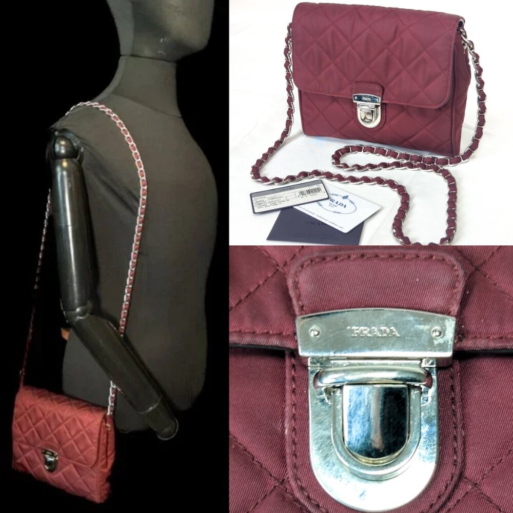 PRADA Impuntu Tessuto Quilted Nylon Chain Crossbody Bag Granato Shoulder Bag - Picture 4 of 16
